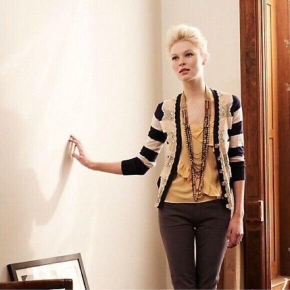 ANTHROPOLOGIE / CHARLOTTE Navy & Oatmeal Stripe Cardigan with Lace Trim - Sz M - Picture 9 of 9